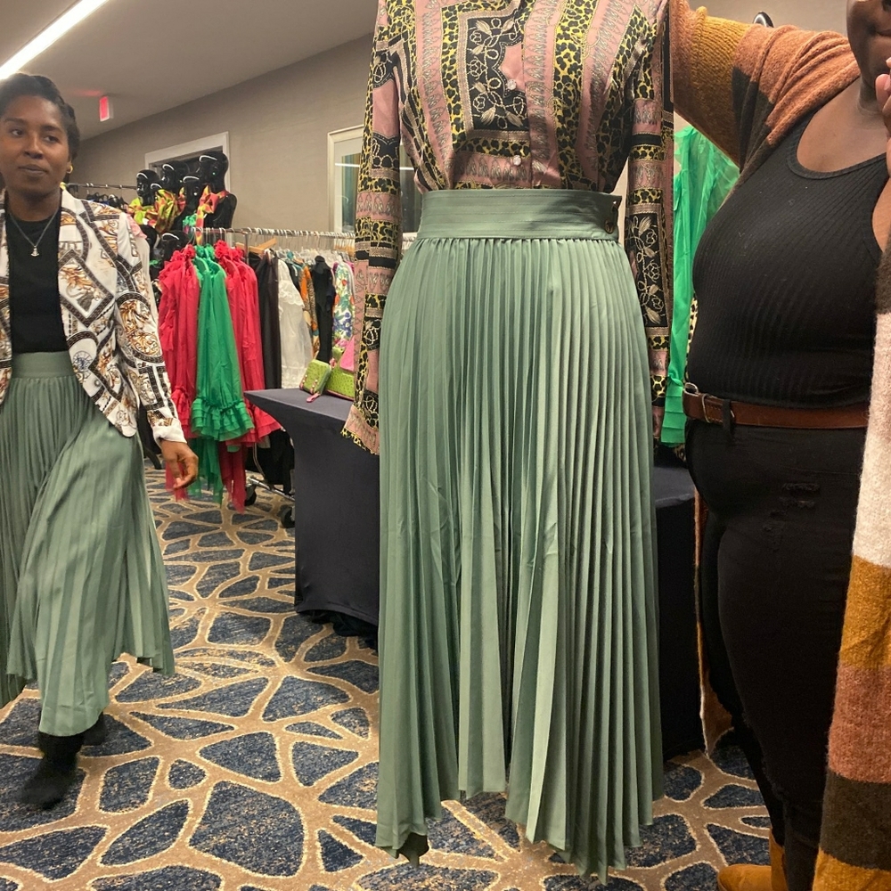Pleated Sage colored skirt asymmetrical  hem